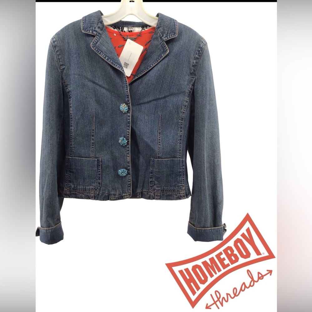 Luii Dark Blue Denim Jacket with Floral Buttons